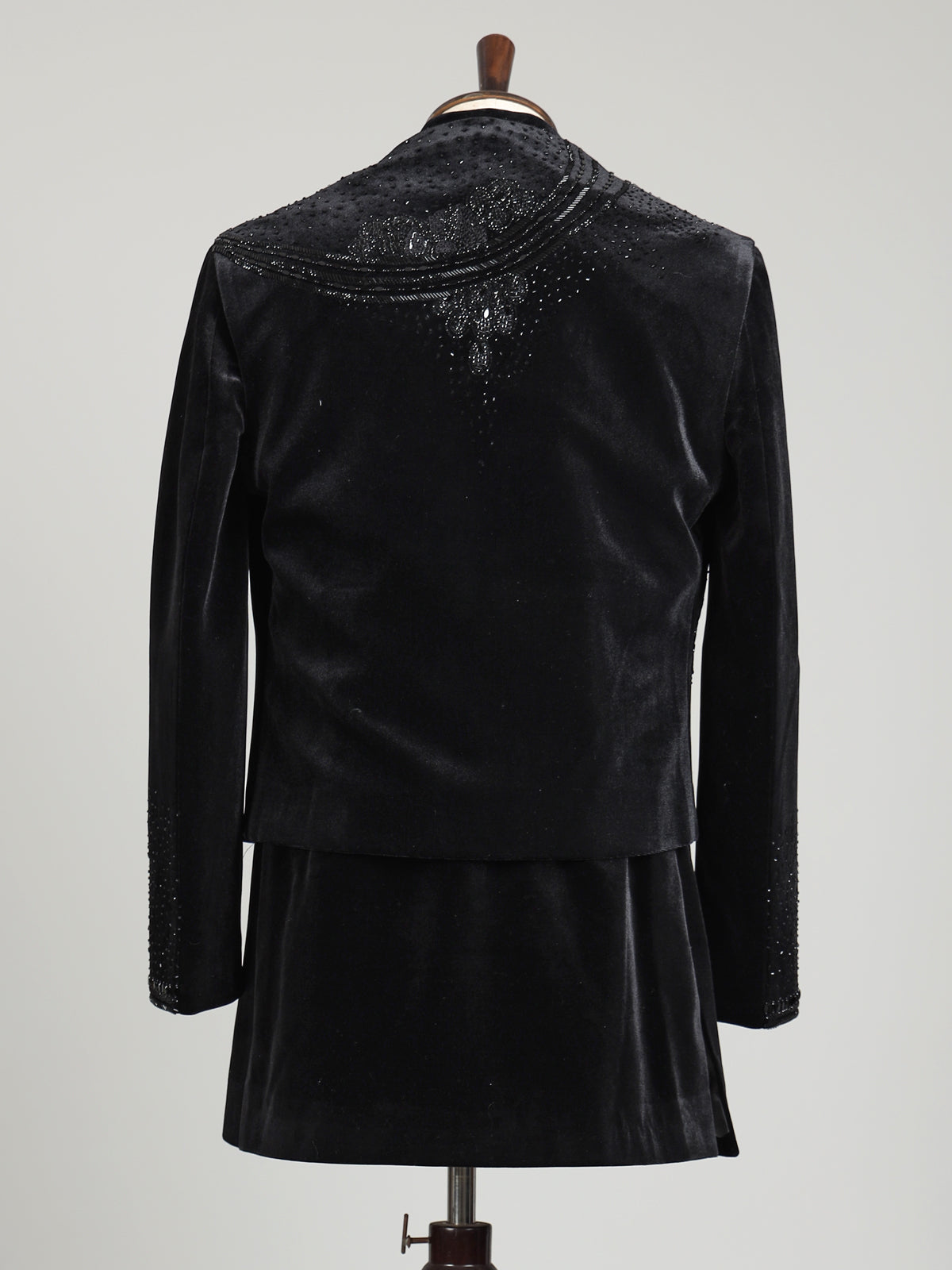 Black velvet embellished structured bandhgala indowestern set for mens