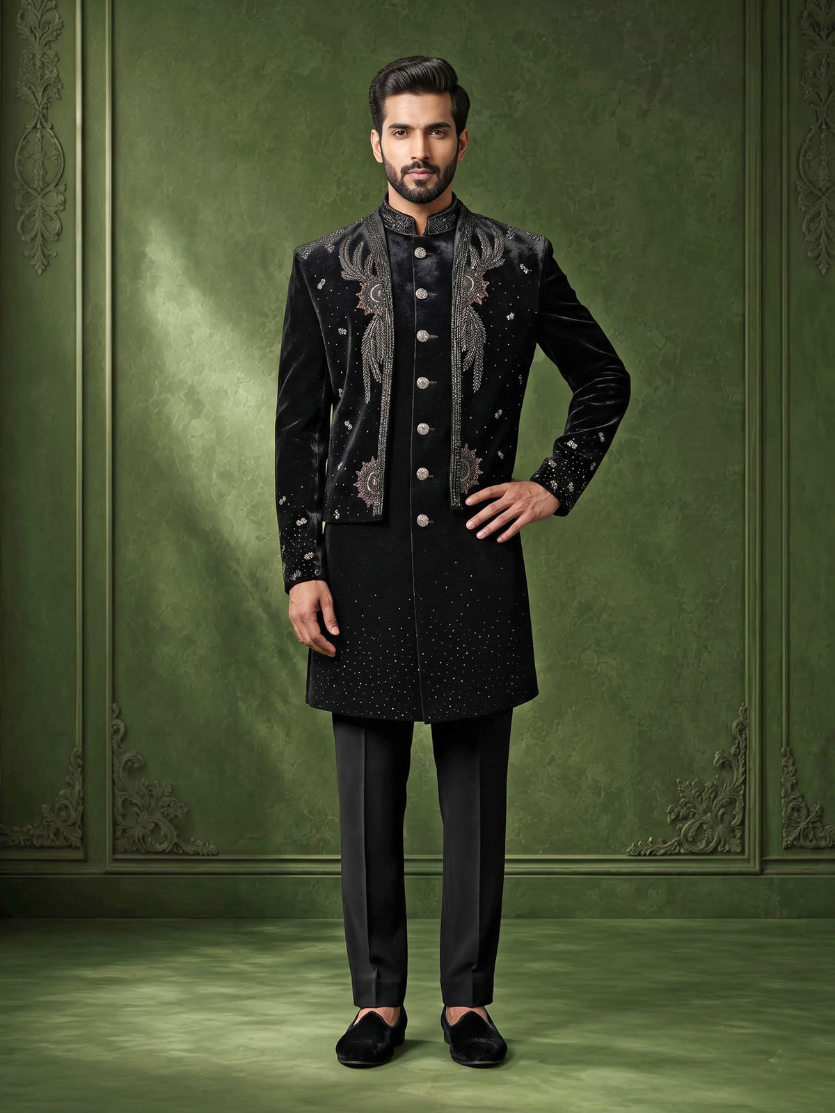 Black velvet Swarovski zardosi overlay indowestern set for mens