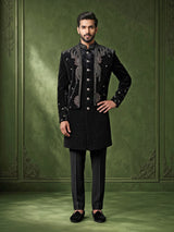 Black velvet Swarovski zardosi overlay indowestern set for mens