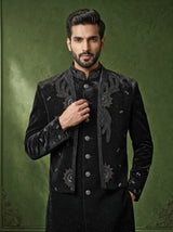 Black velvet Swarovski zardosi overlay indowestern set for mens