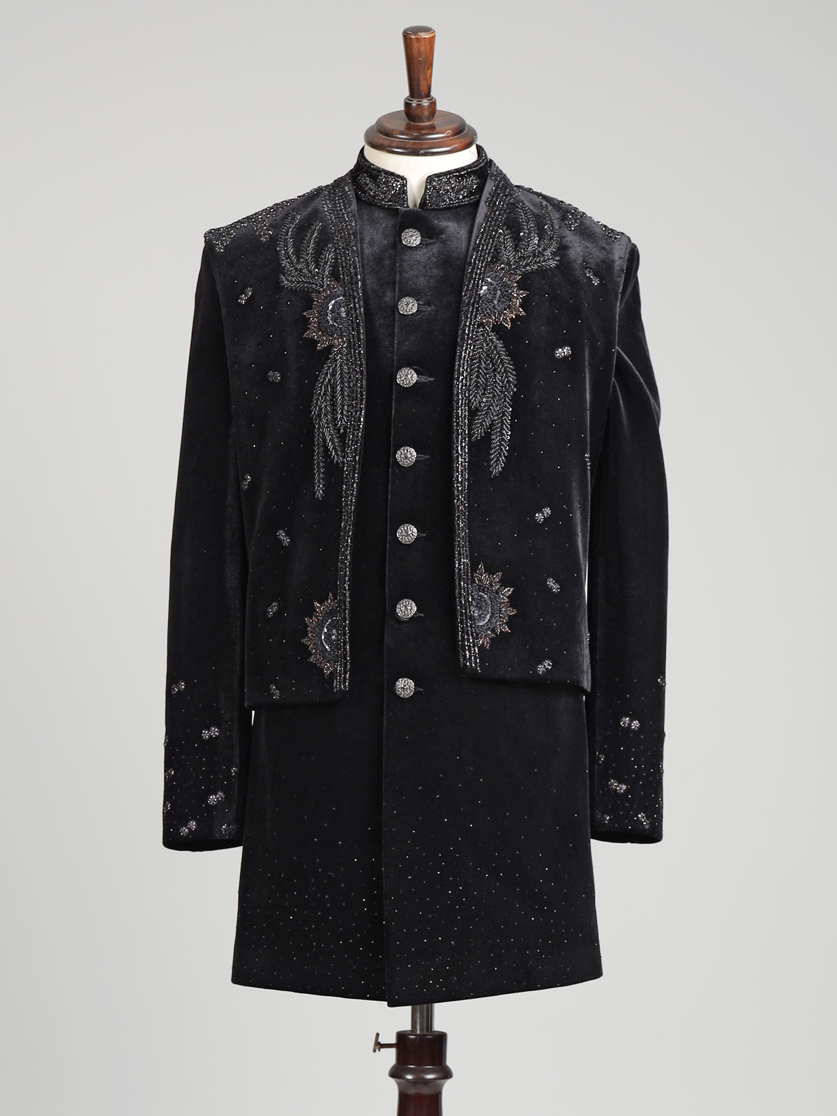 Black velvet Swarovski zardosi overlay indowestern set for mens