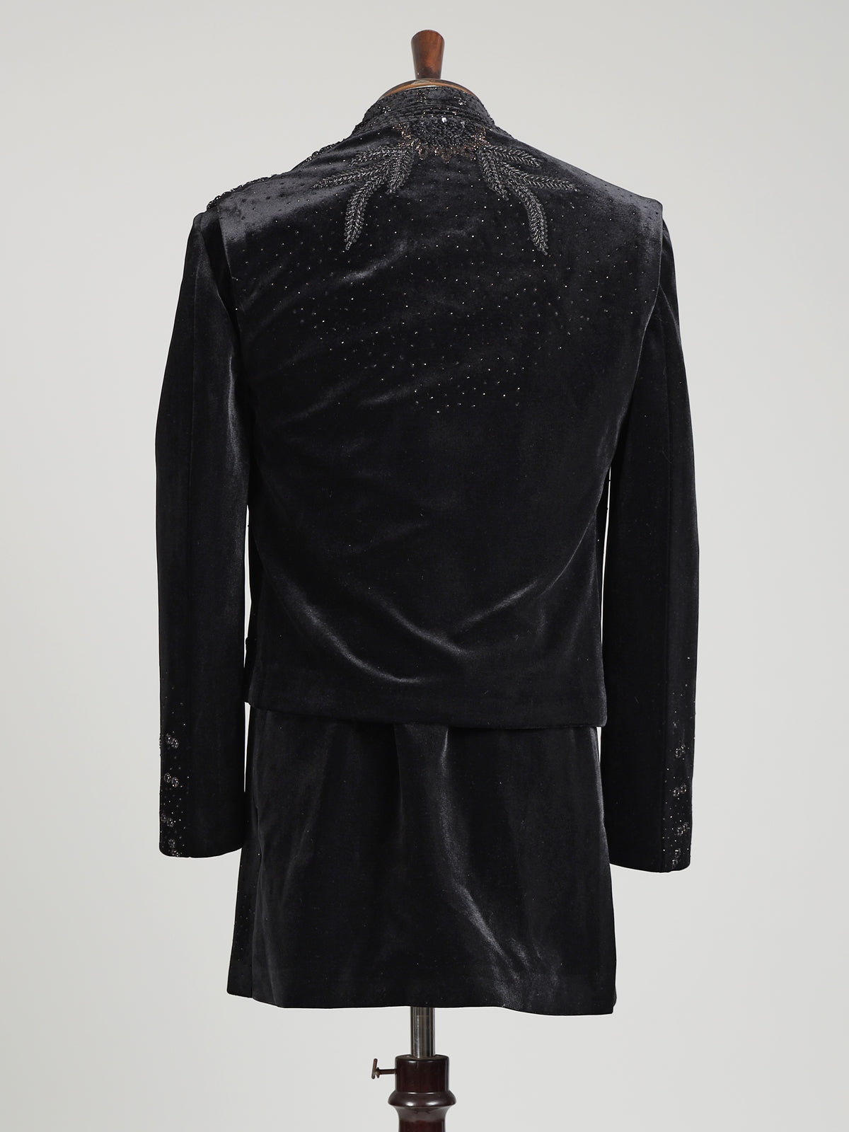 Black velvet Swarovski zardosi overlay indowestern set for mens