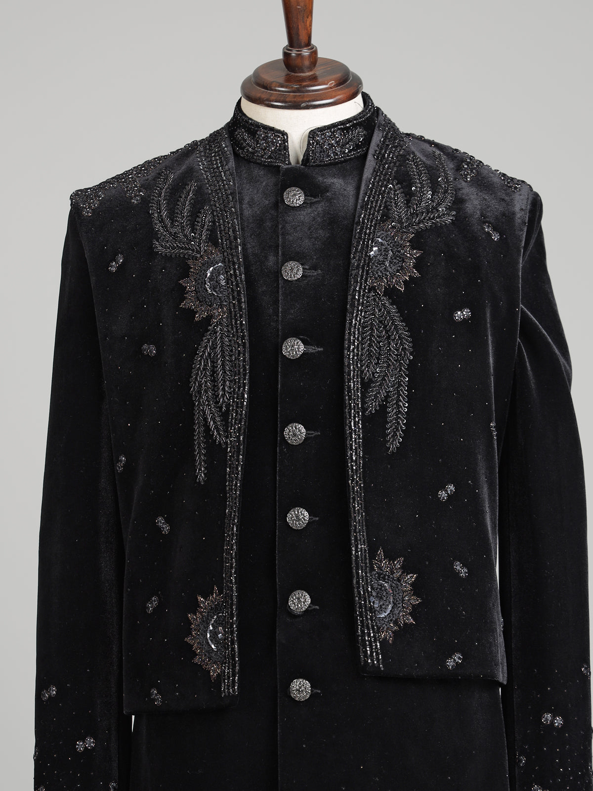 Black velvet Swarovski zardosi overlay indowestern set for mens