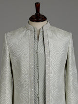Pista green cotton silk modern open jacket indowestern set