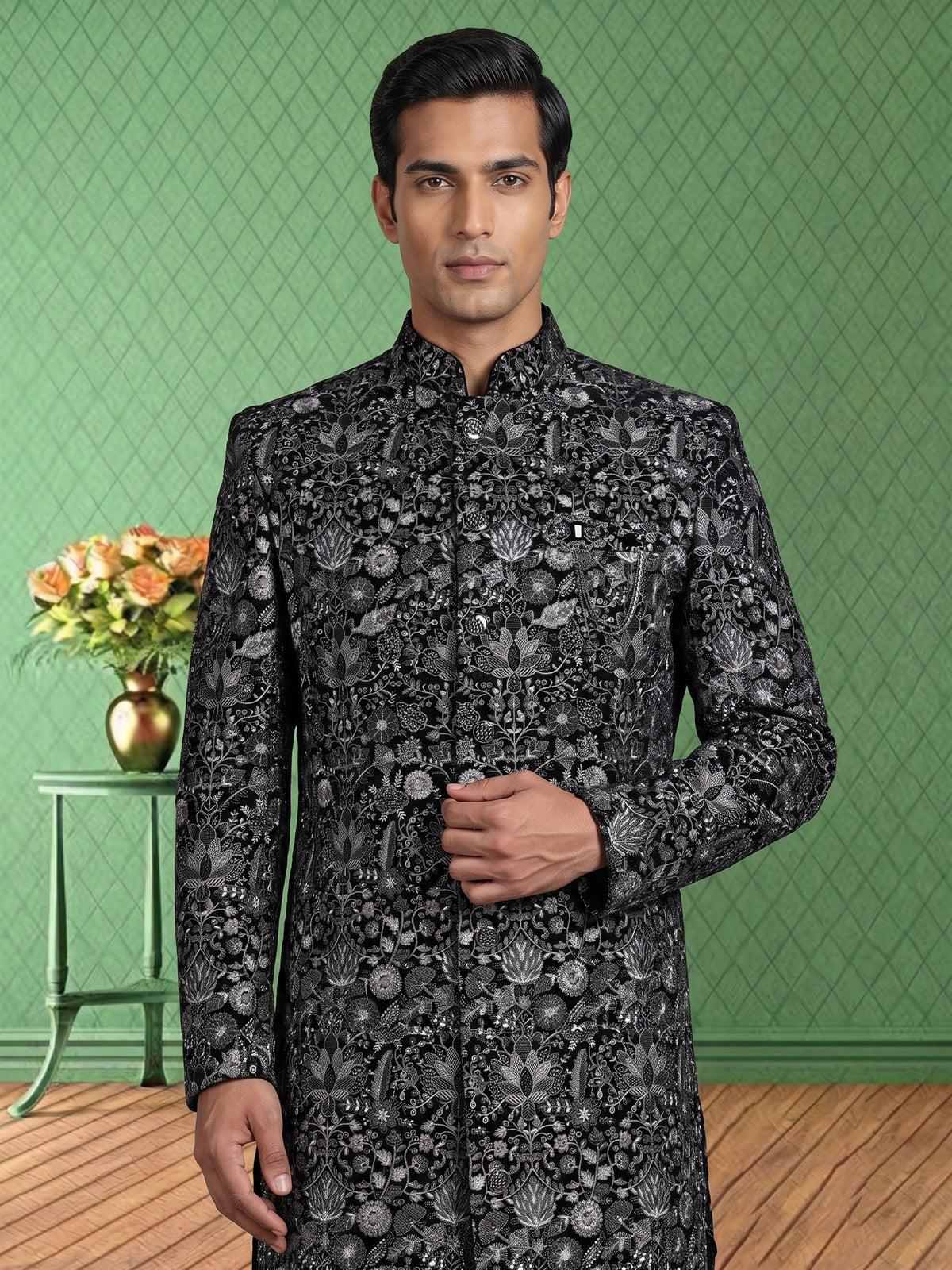Black georgette slim fit bandhgala indowestern set for mens weddings
