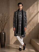 Black georgette sequined mandarin neck indowestern set for mens