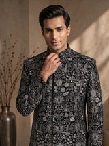 Black georgette sequined mandarin neck indowestern set for mens