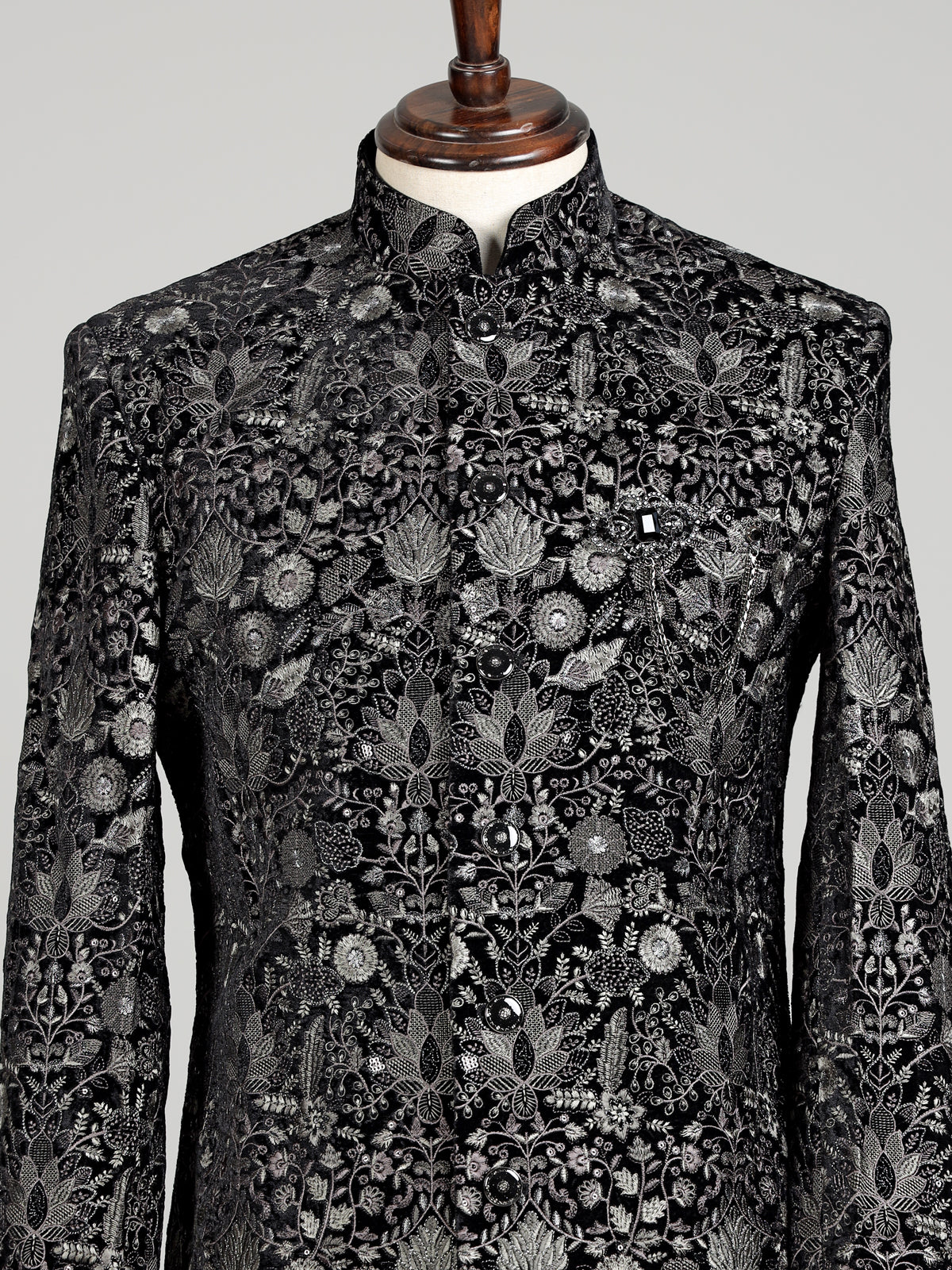 Black georgette sequined mandarin neck indowestern set for mens