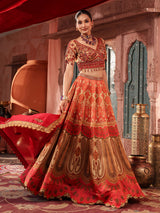 Red traditional printed lehenga choli with intricate zardosi details