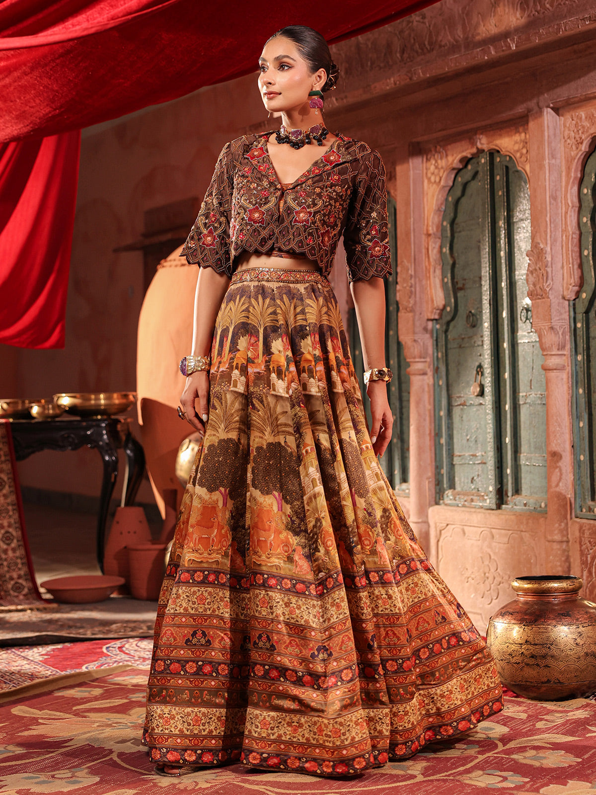 Brown landscape print lehenga choli with heavy jacket blouse
