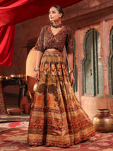 Brown landscape print lehenga choli with heavy jacket blouse