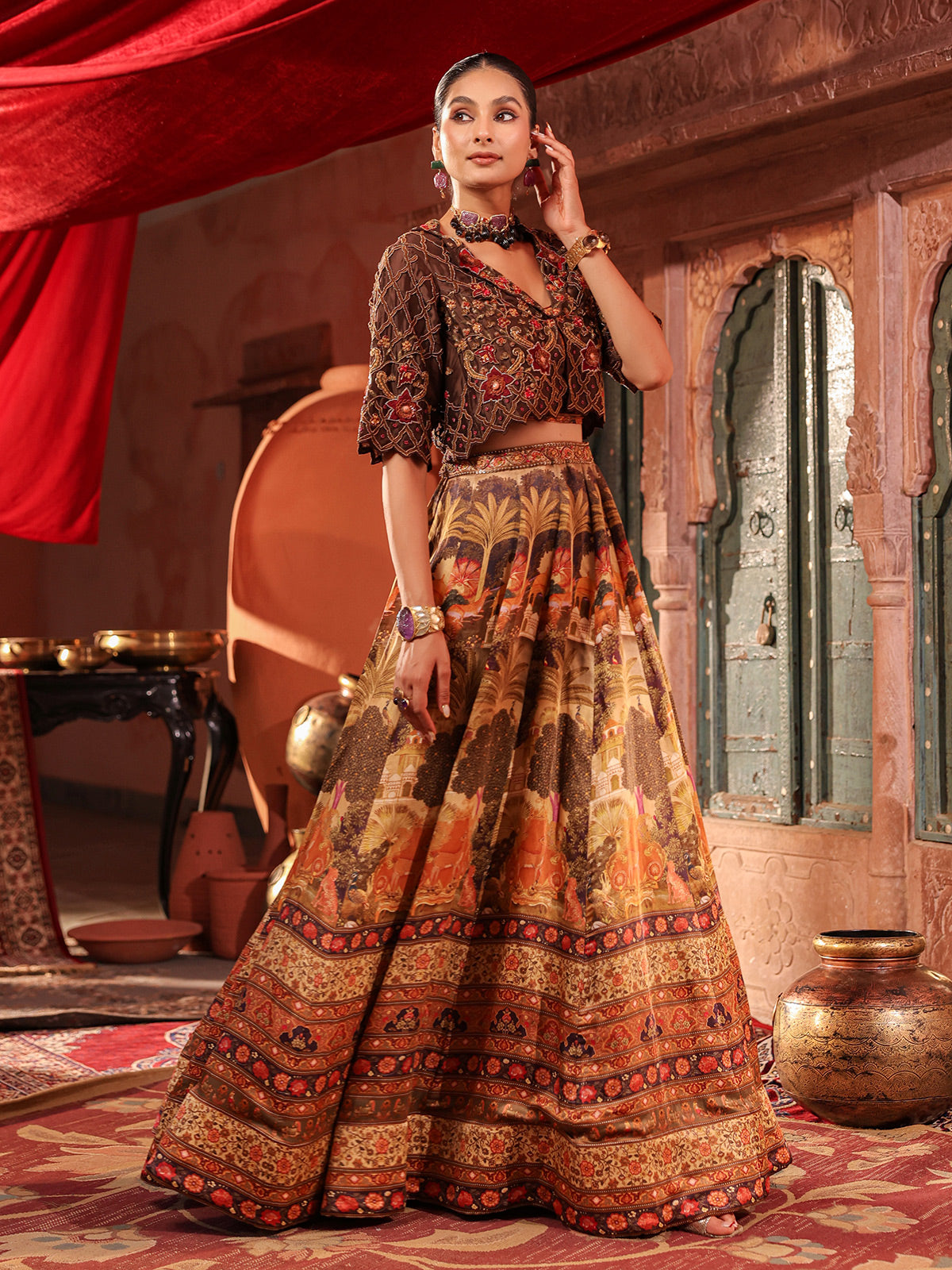 Brown landscape print lehenga choli with heavy jacket blouse