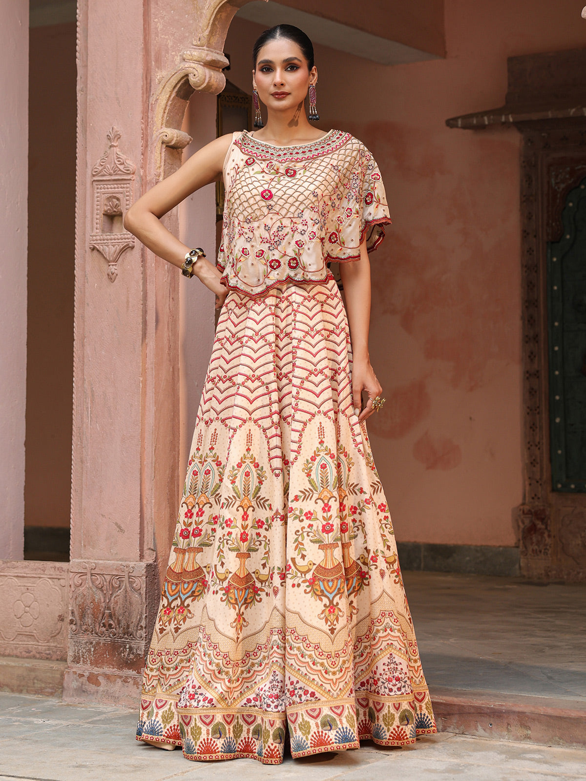Cream traditional printed lehenga choli with elegant designer jacket