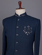 Peacock blue royal crest mens indo western