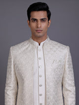 White jacquard silk mens indo western