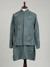 Slate grey floral linen silk waistcoat set for mens weddings