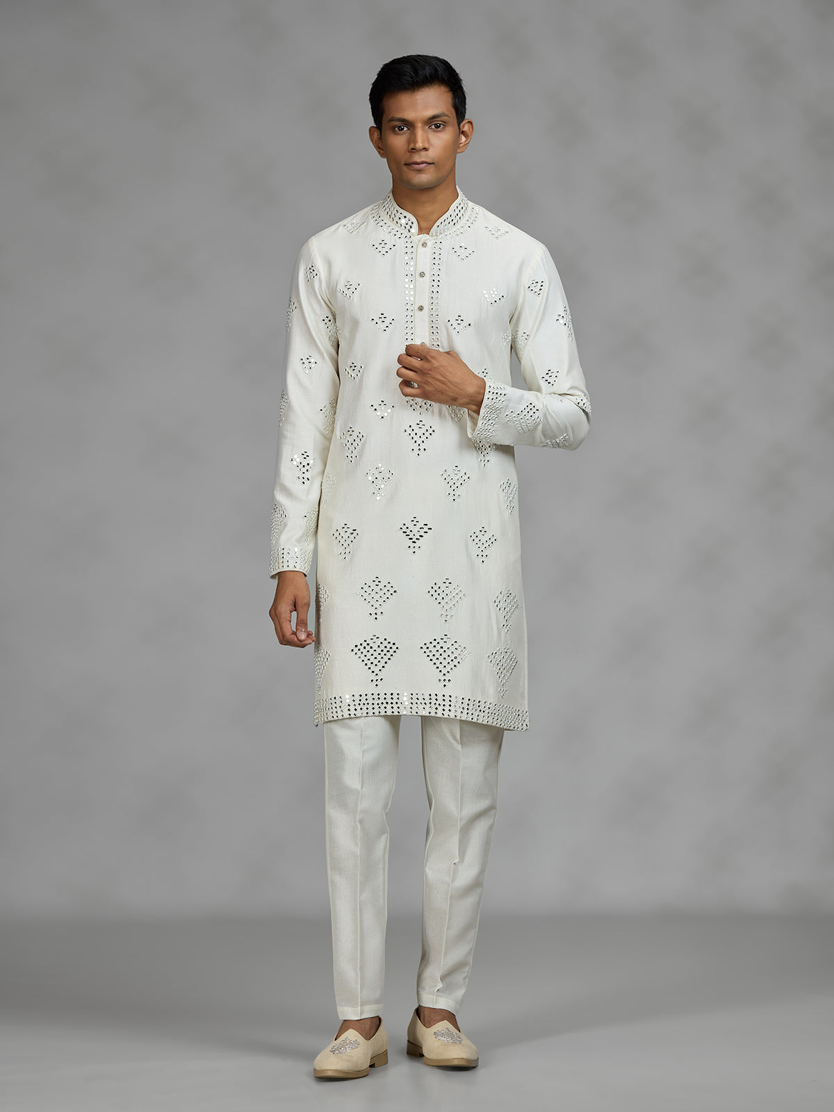 Off white embroidered mens kurta pajama