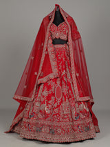 Red raw silk bridal lehenga with double dupatta and art motifs
