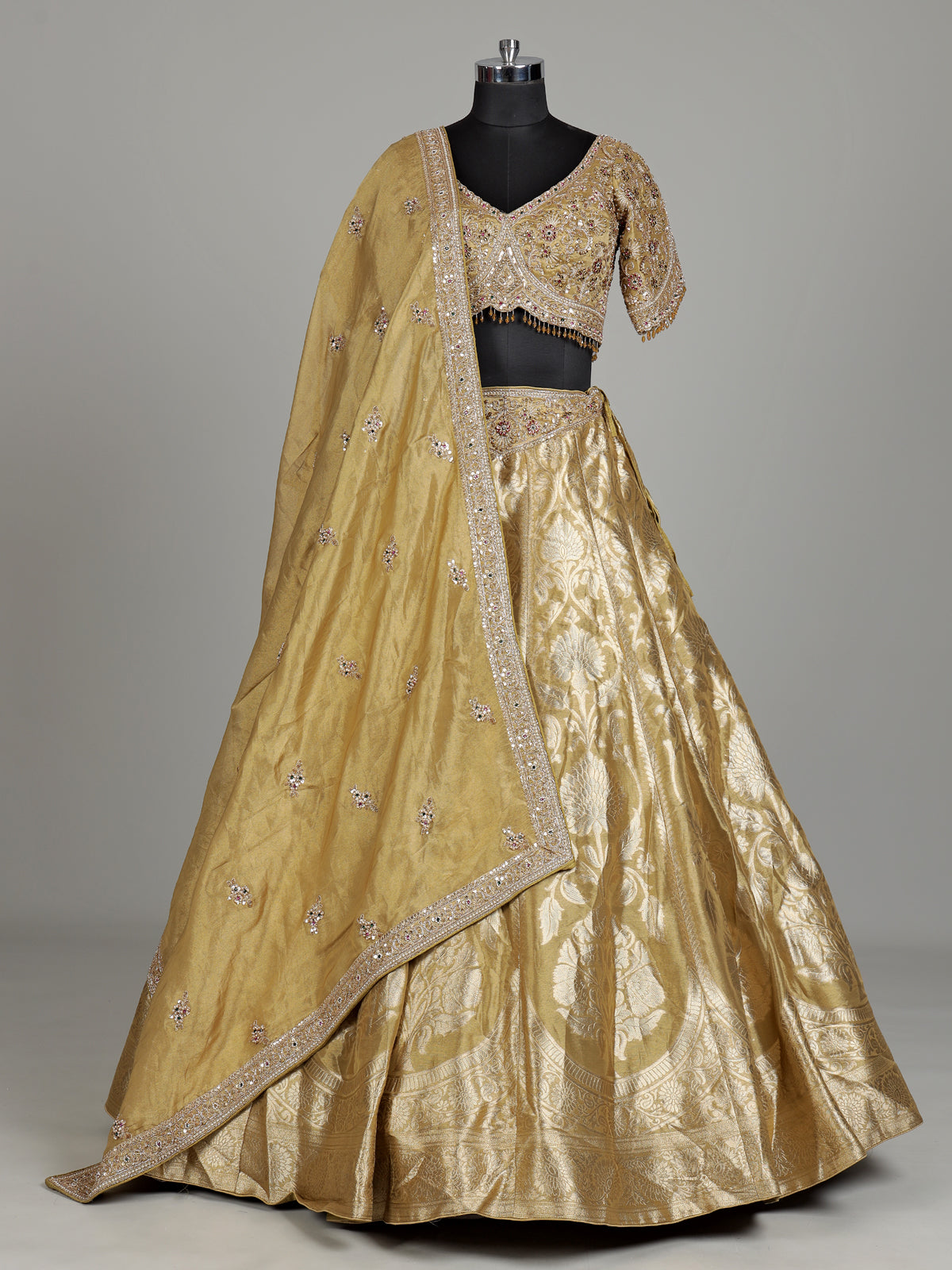 Gold banarasi silk designer lehenga with zardosi and embellished dupatta