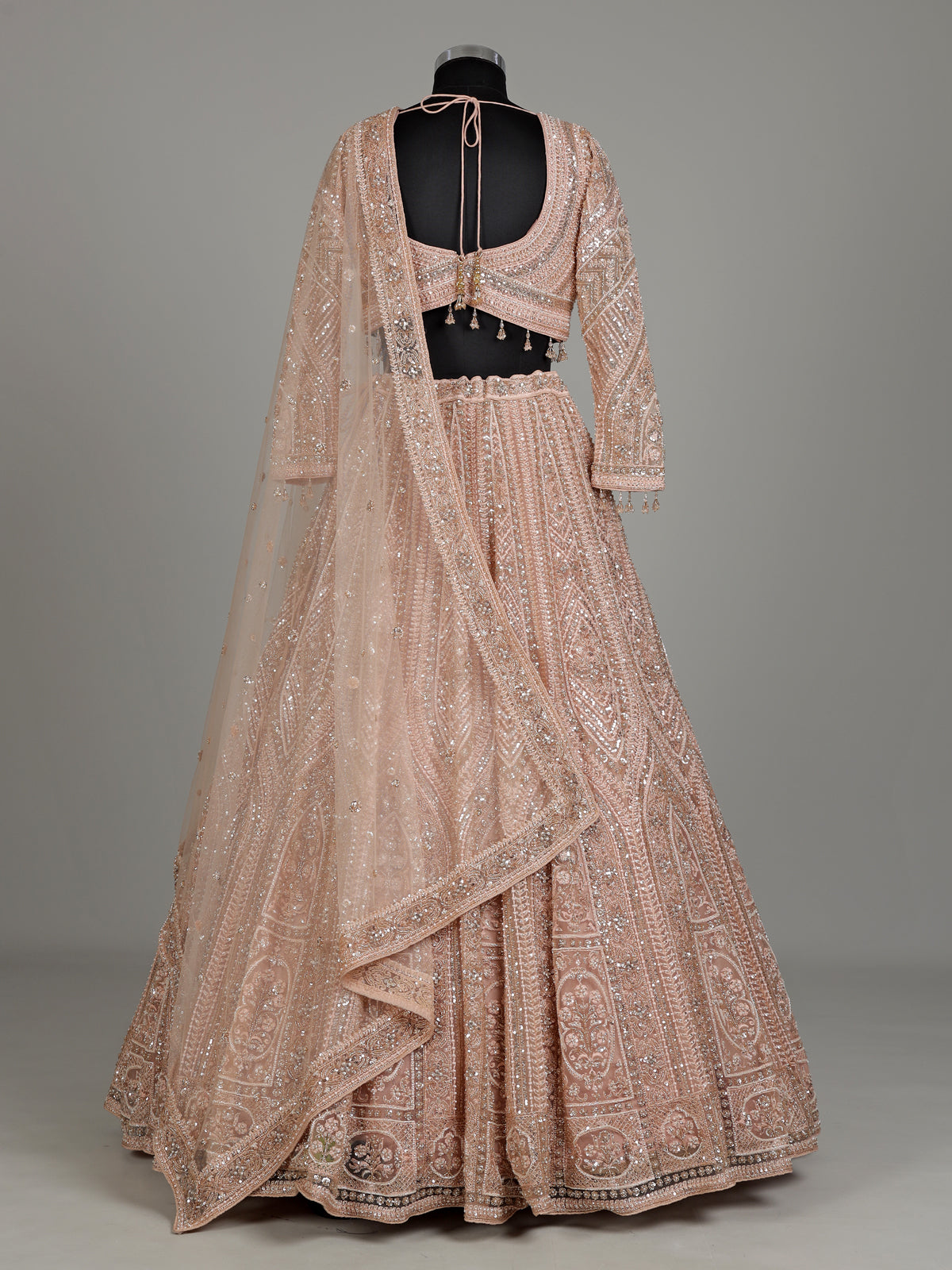 Peach net designer lehenga choli with intricate embellished dupatta