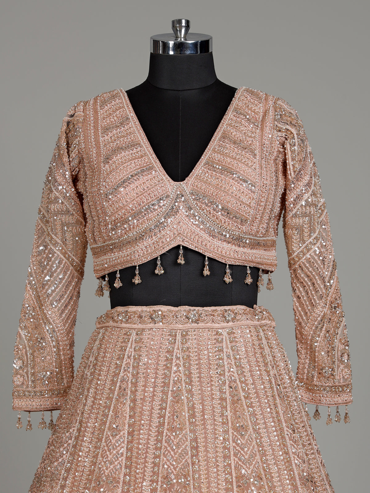 Peach net designer lehenga choli with intricate embellished dupatta