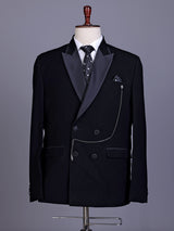 Black terry rayon double-breasted tuxedo suit with crystal brooch
