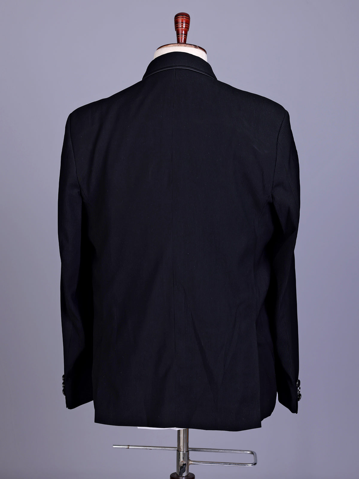 Black terry rayon double-breasted tuxedo suit with crystal brooch