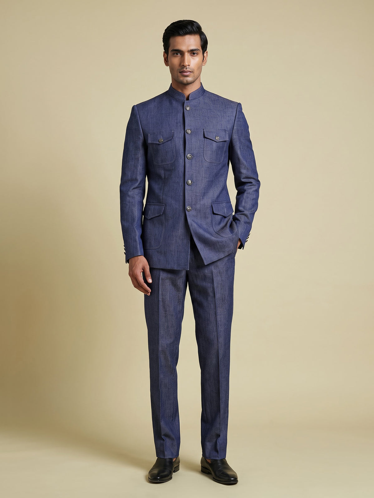 Denim blue tailored mens jodhpuri suit