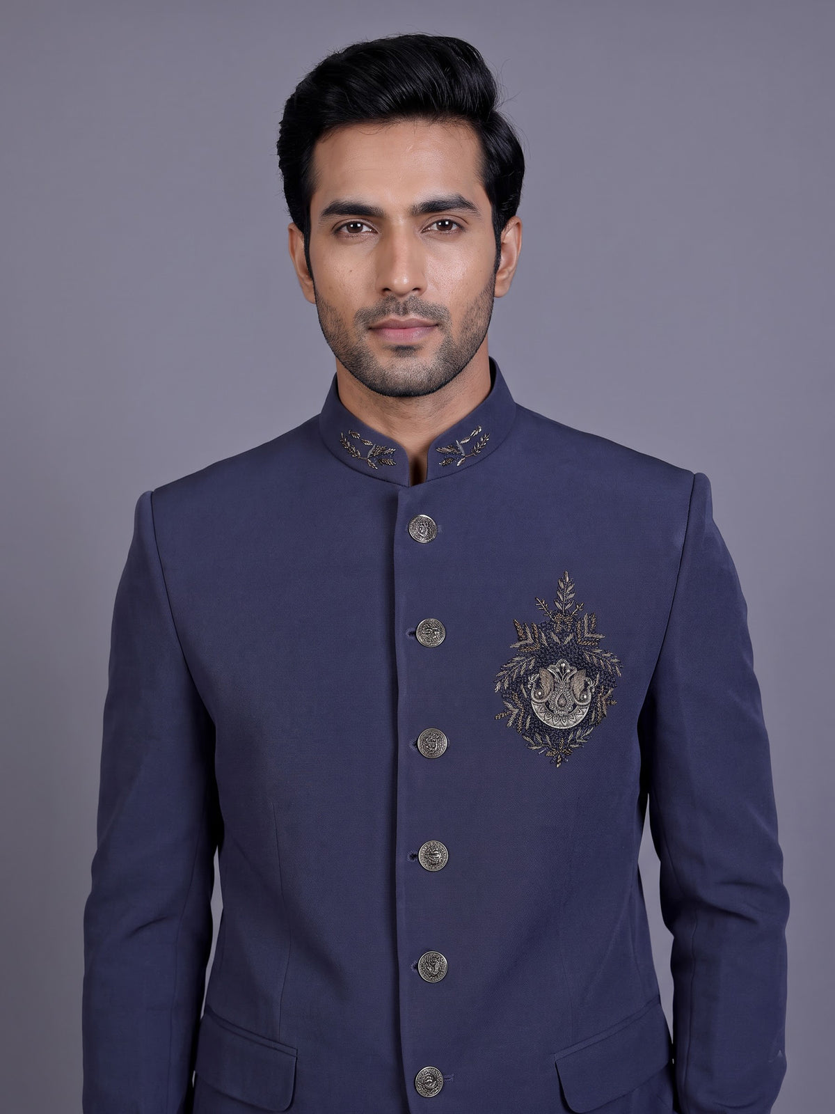 Stone blue royal crest mens jodhpuri suit