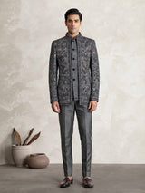 Charcoal grey raw silk jodhpuri suit for mens with resham work