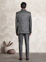 Charcoal grey raw silk jodhpuri suit for mens with resham work