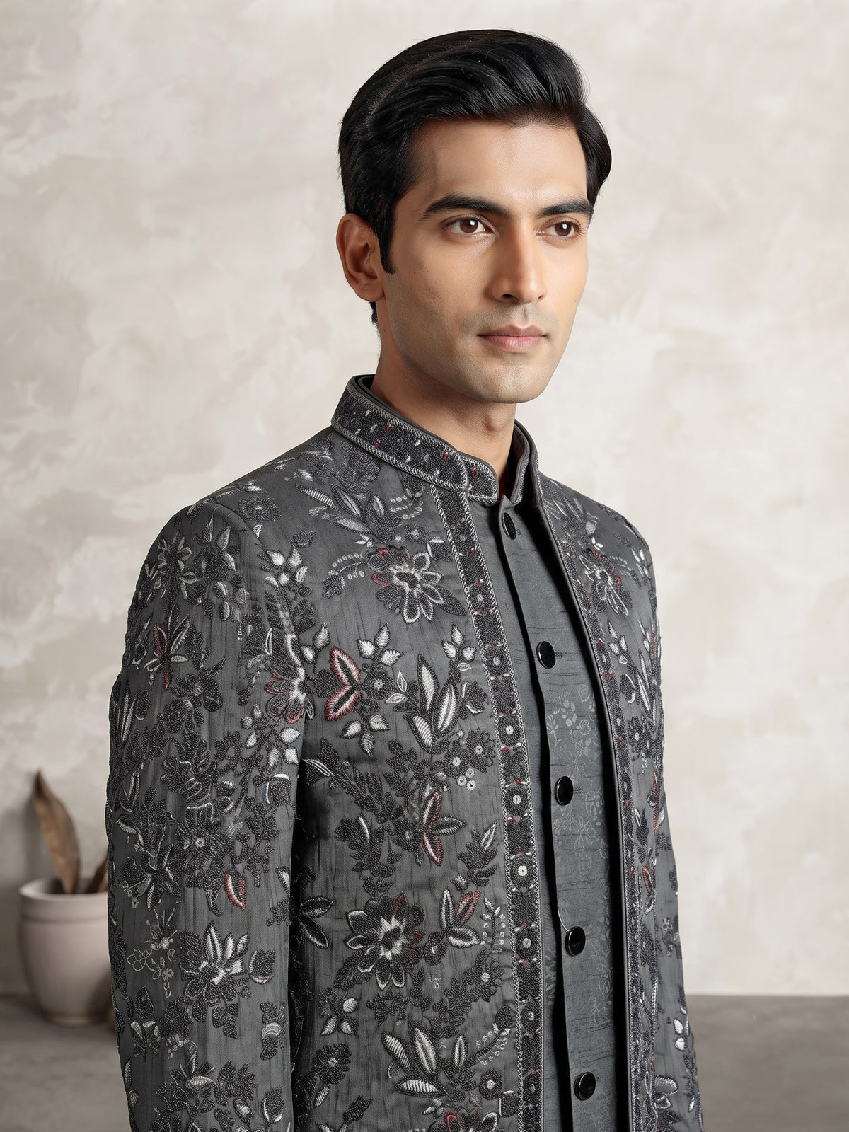 Charcoal grey raw silk jodhpuri suit for mens with resham work