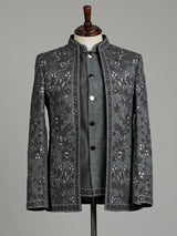 Charcoal grey raw silk jodhpuri suit for mens with resham work