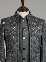 Charcoal grey raw silk jodhpuri suit for mens with resham work