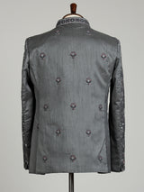 Charcoal grey raw silk jodhpuri suit for mens with resham work