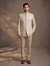 Light beige premium jacquard jodhpuri suit for mens with resham