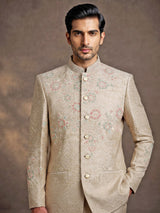 Light beige premium jacquard jodhpuri suit for mens with resham