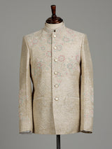 Light beige premium jacquard jodhpuri suit for mens with resham