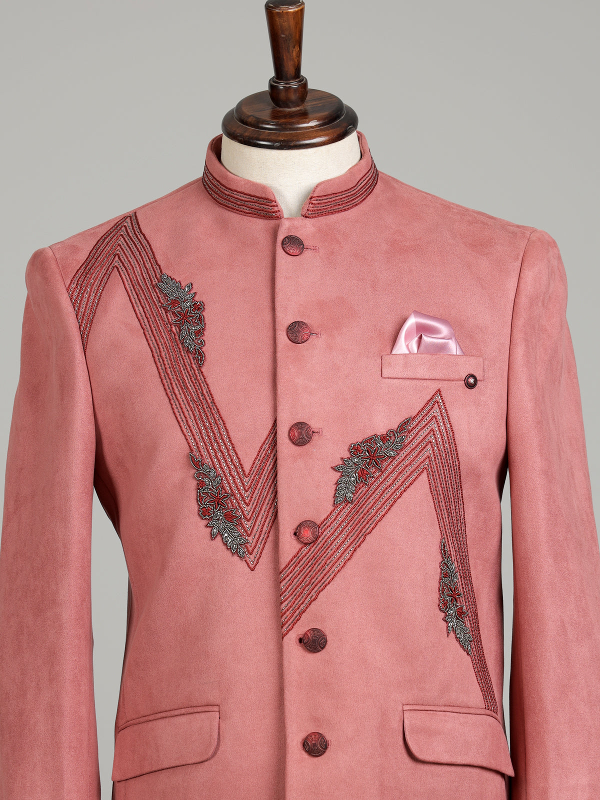 Muted pink textured jodhpuri suit for mens with floral beadwork