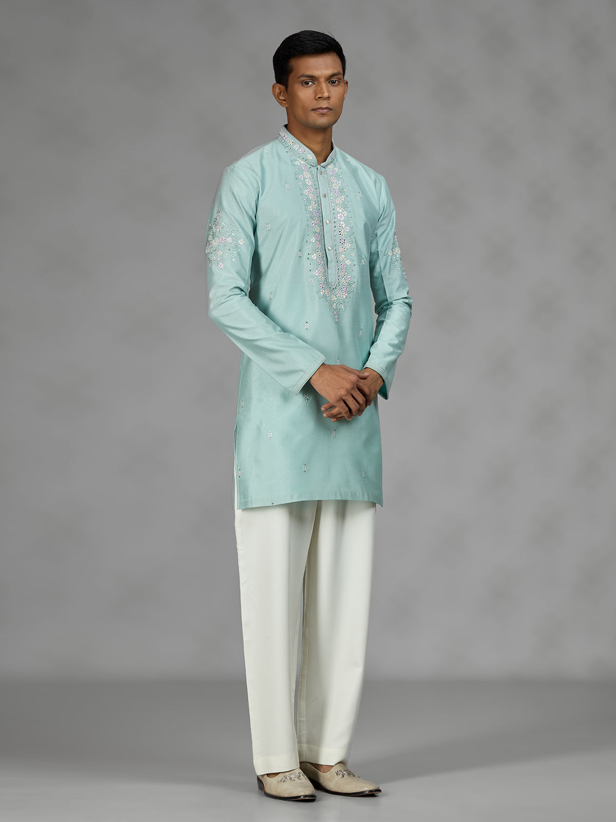 Firozi blue floral mens kurta pajama