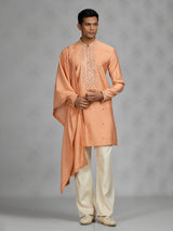Peach embroidered mens kurta suit