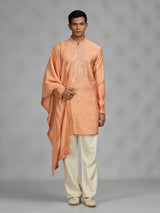 Peach embroidered mens kurta suit