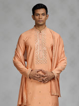 Peach embroidered mens kurta suit