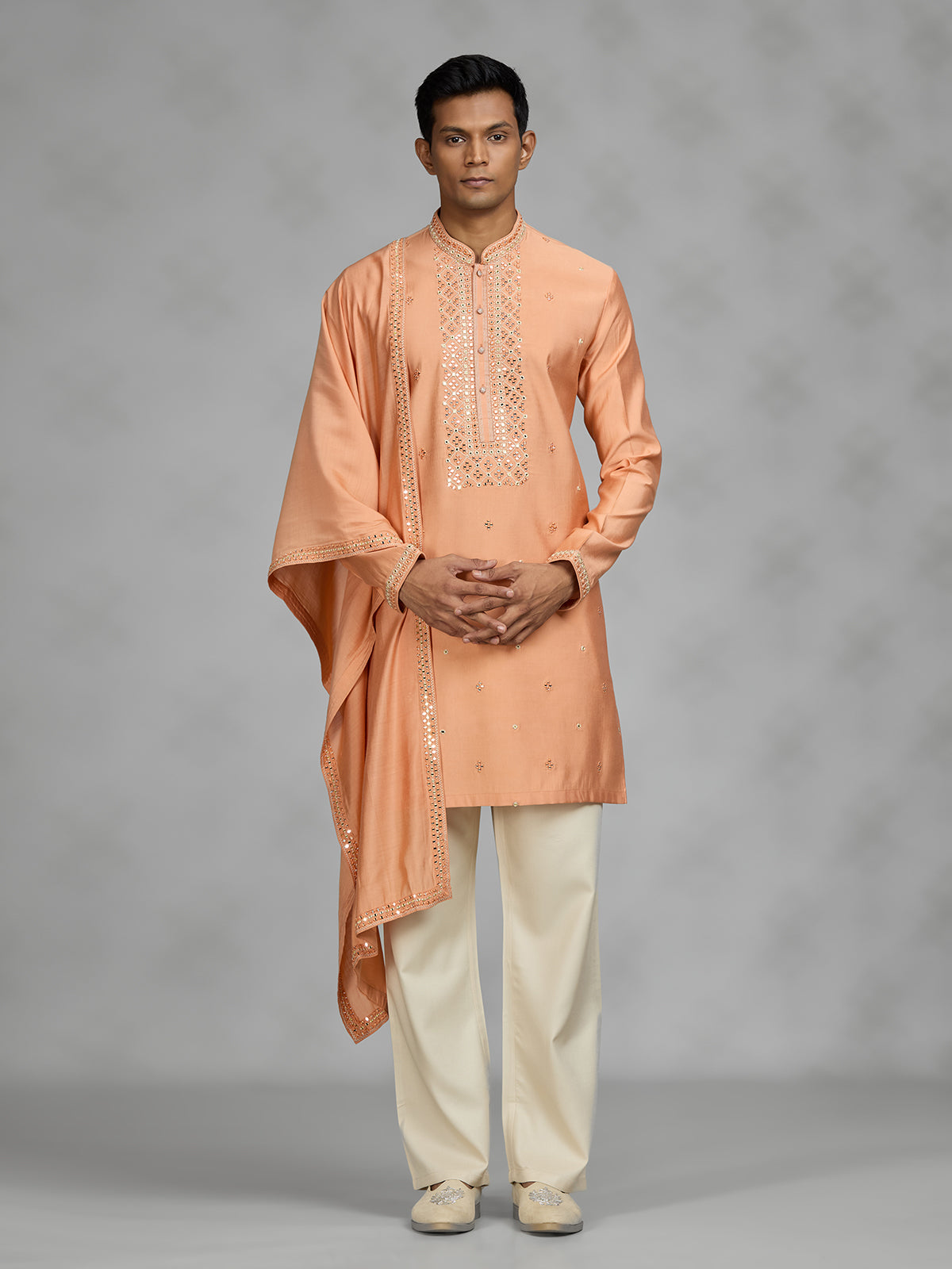 Peach embroidered mens kurta suit