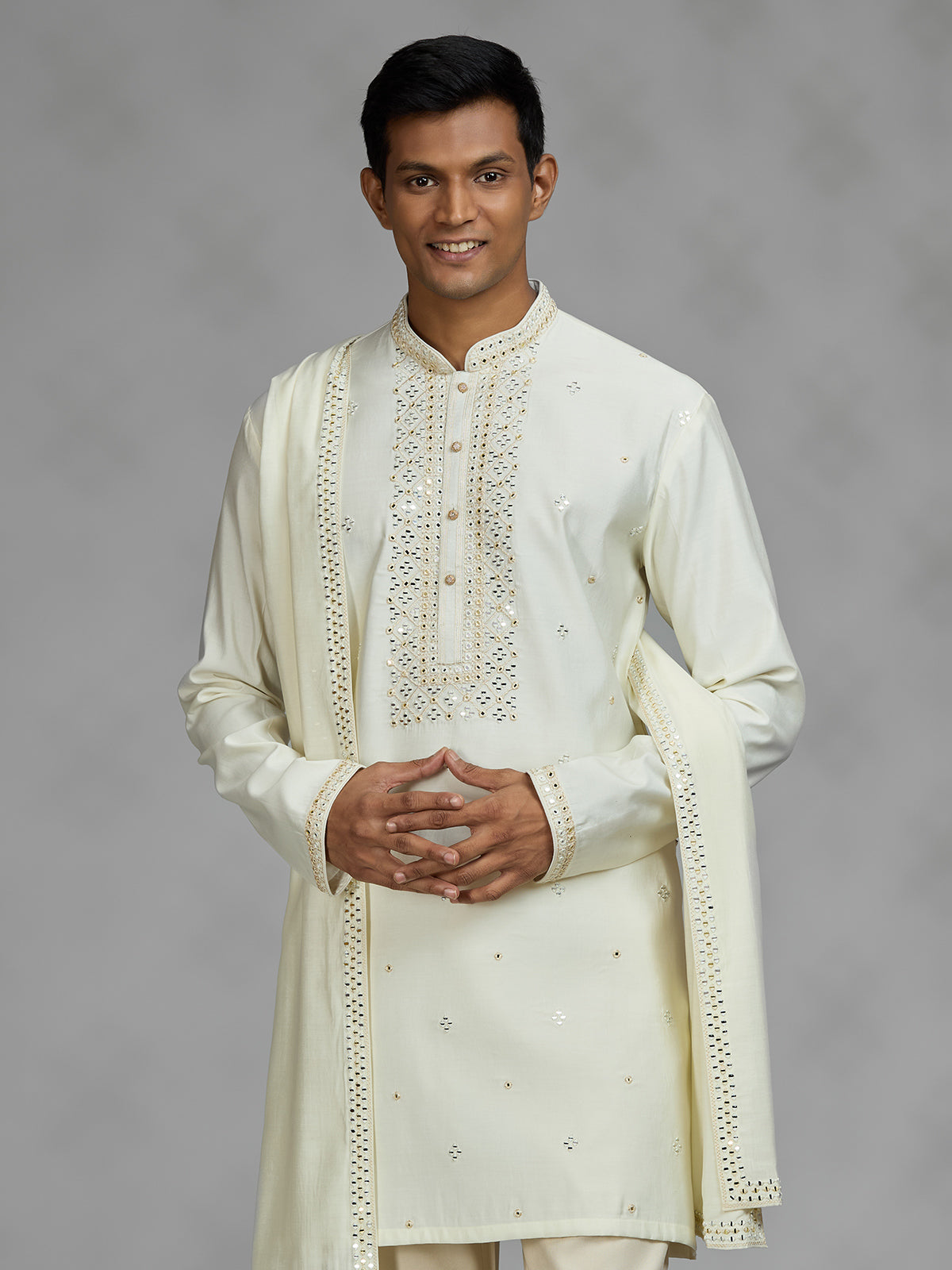 Cream lattice mens kurta suit