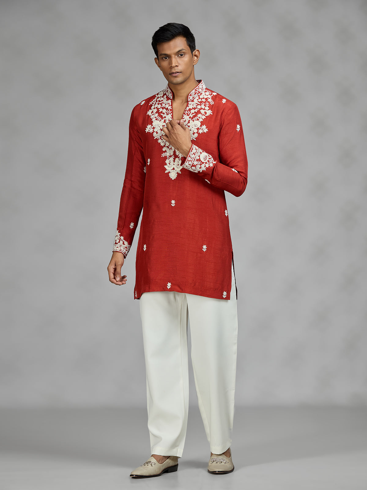Rust orange floral mens kurta pajama