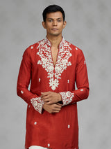 Rust orange floral mens kurta pajama