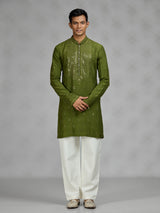 Green aabla embroidered mens kurta pajama