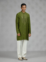 Green aabla embroidered mens kurta pajama