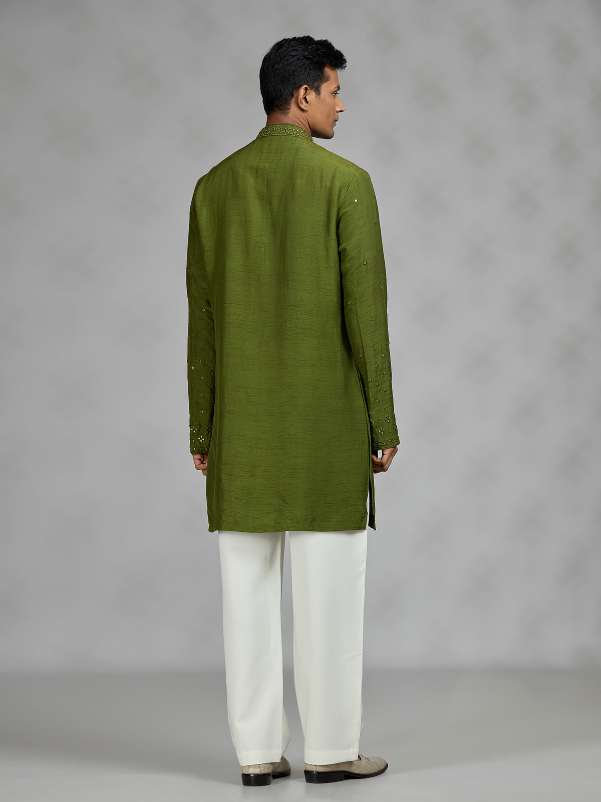 Green aabla embroidered mens kurta pajama